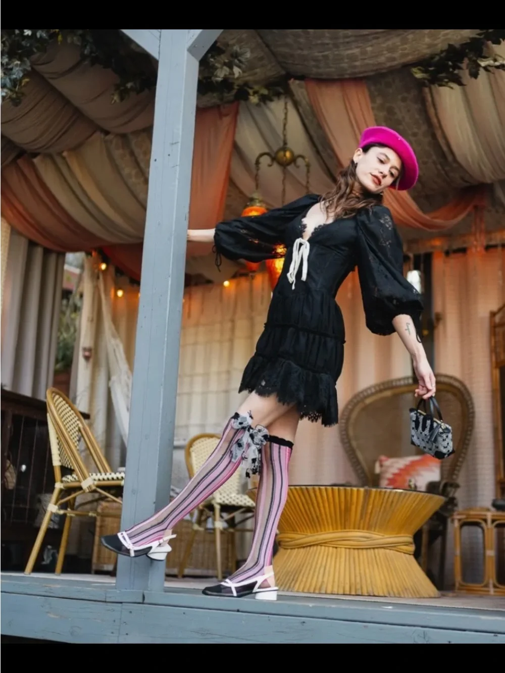 Sock Candy Parision Pink Striped Knee-High Socks with Floral Bow Accent.